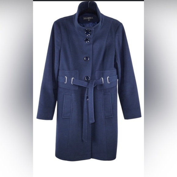 Via Spiga Women's Size 8 Navy Blue Felted 100% Wool Button-Up Belted Coat S - Picture 1 of 4